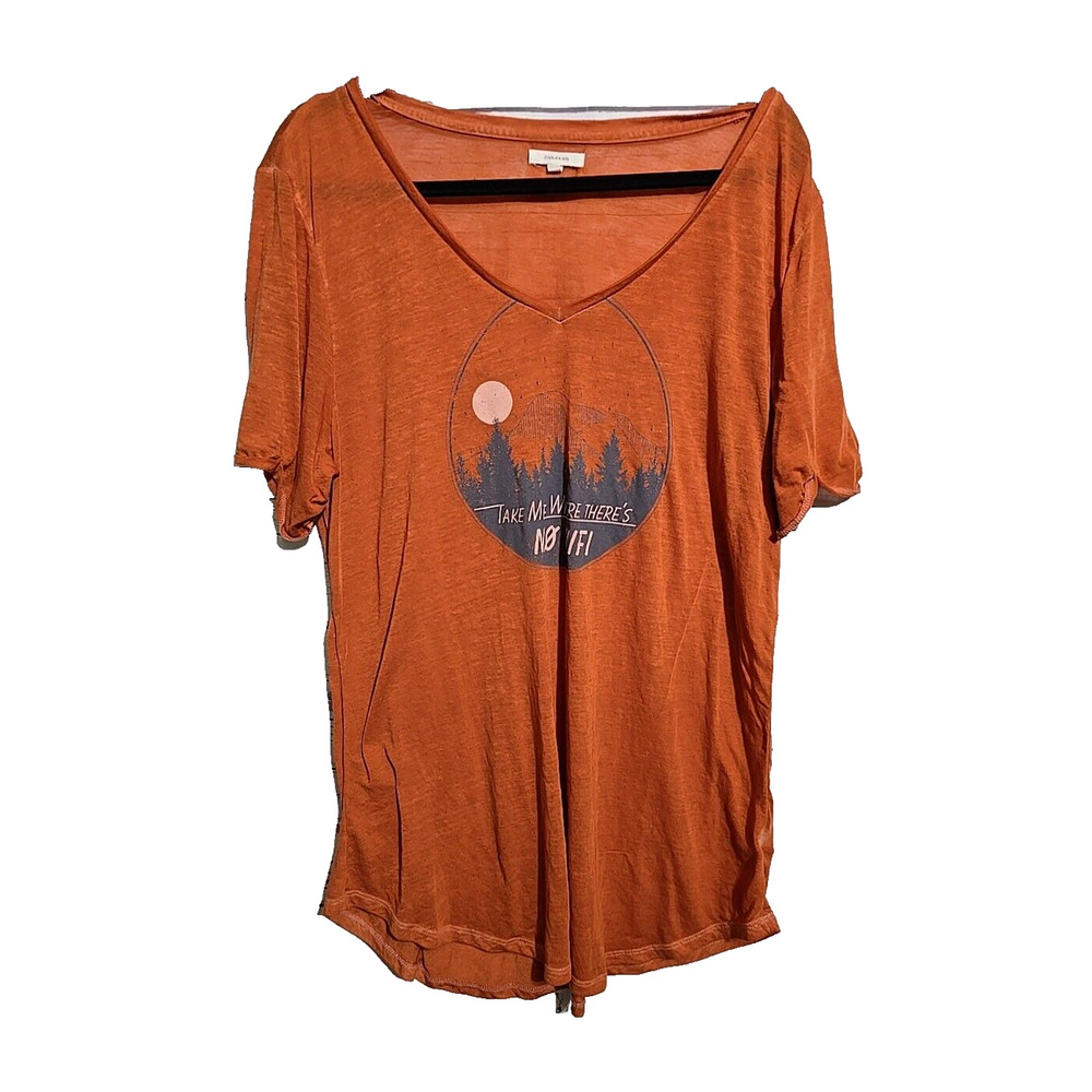Maurices Orange V-Neck Take Me Where There's No Wifi Print Top Womans Size 2XL